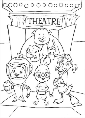 Chicken Little, Abbey, Runt And Fish Out Of The Water In A Theatre Coloring Page